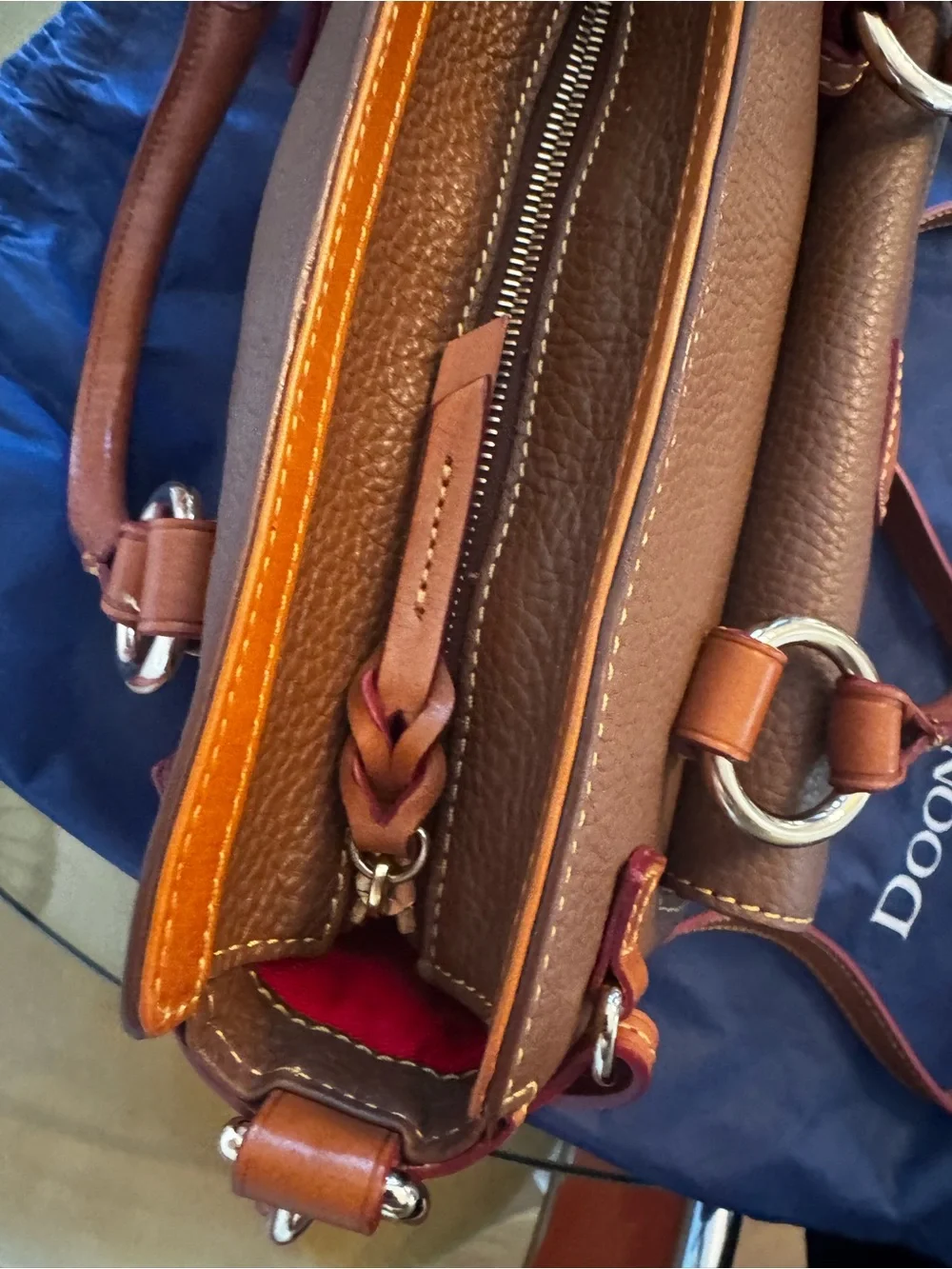 Dooney & Bourke Cognac Brown Pebbled Leather Satchel with Orange Trim